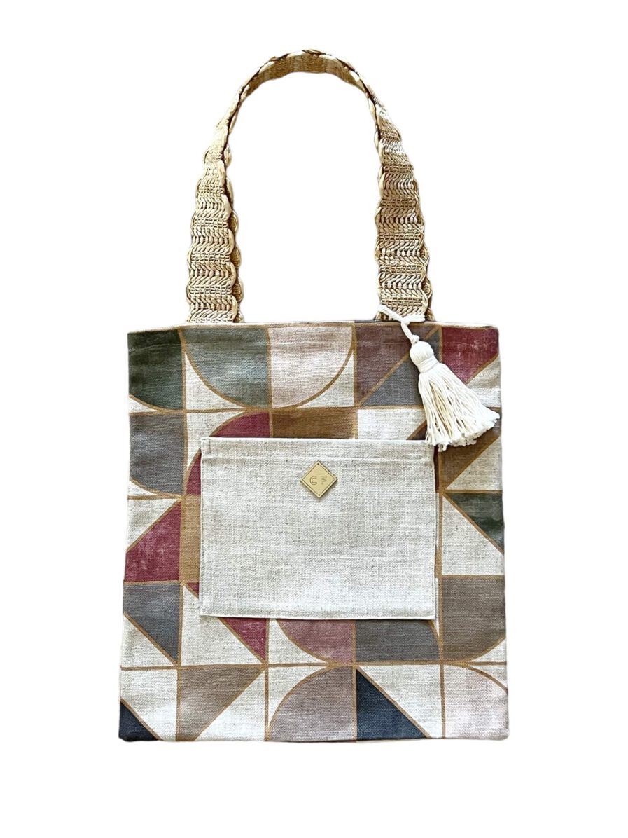 Bolso Tote lino cuadros multicolor