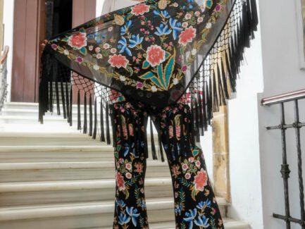Carmen Fernández Moda 19 Mantones de flamenca bordados | Estilo único negro con modelo de pie